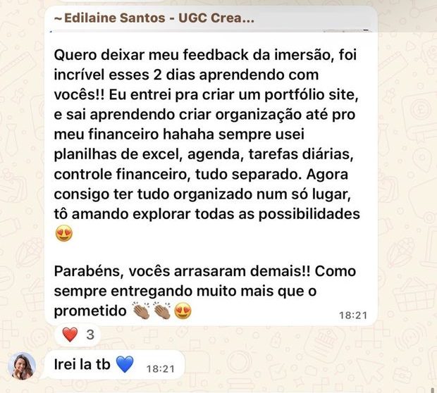 Mensagem de aluna da turma 1 no grupo