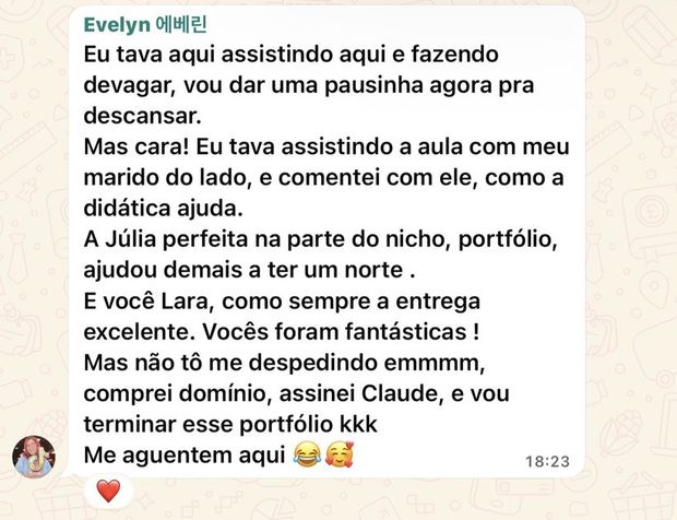 Mensagem de aluna da turma 1 no grupo