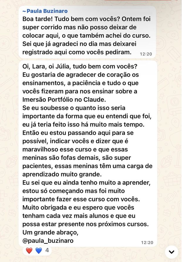 Mensagem de aluna da turma 1 no grupo