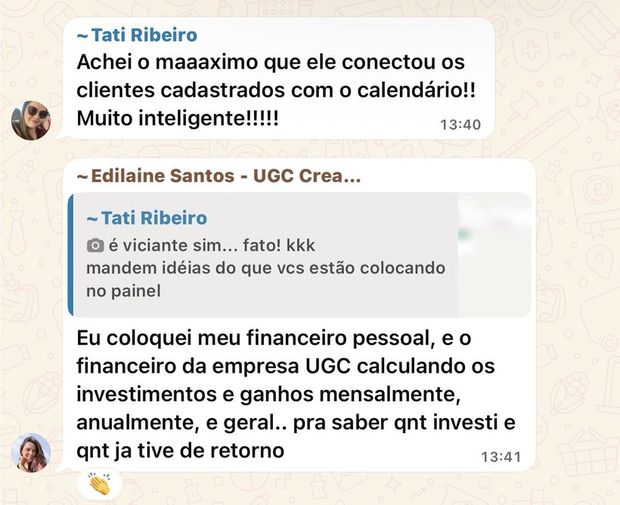 Mensagem de aluna da turma 1 no grupo