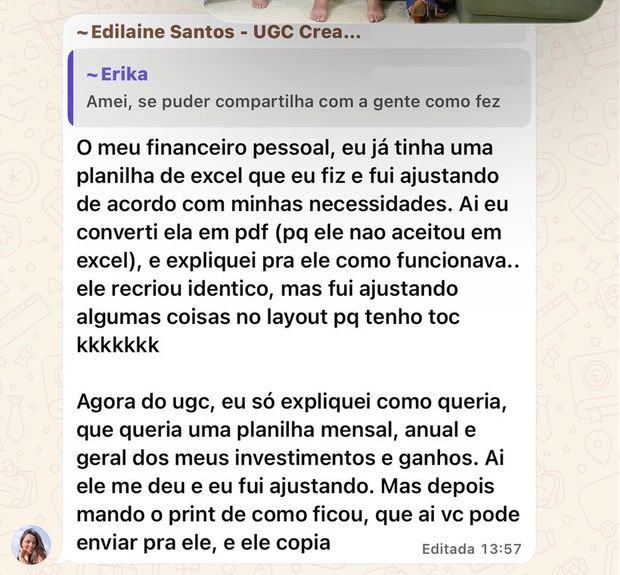 Mensagem de aluna da turma 1 no grupo