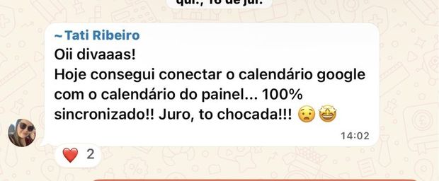 Mensagem de aluna da turma 1 no grupo
